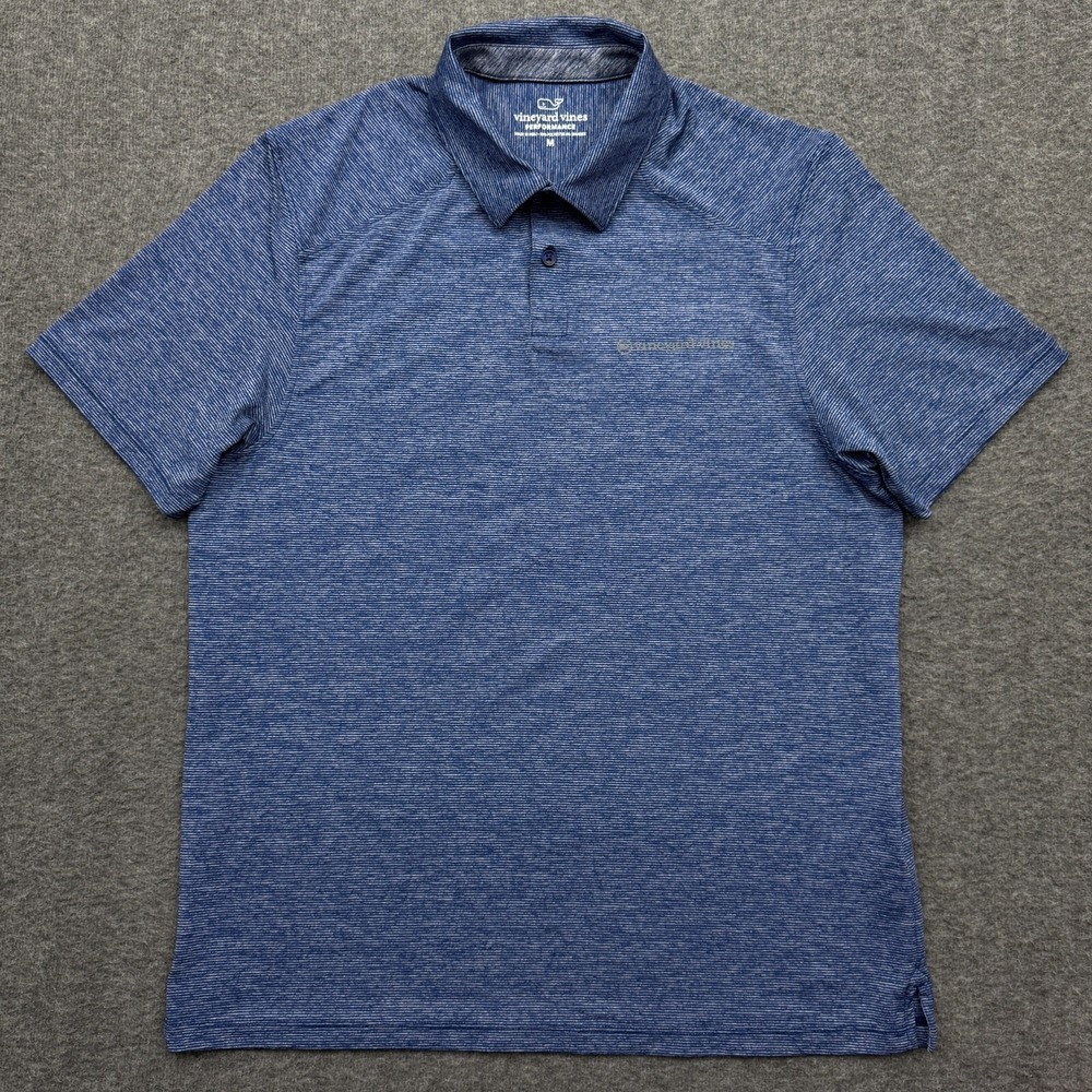 Vineyard Vines Shirt Men Medium Blue Performance Polo Striped Whale Short Sleeve